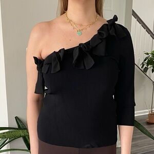 INC International Concepts Black Ruffle One-Shoulder Top